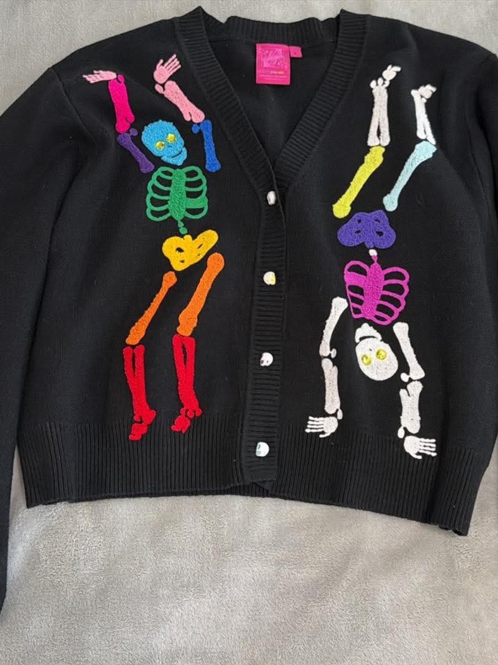 QUEEN OF SPARKLES Black Cardigan with Multicolor Skeleton Appliqués
